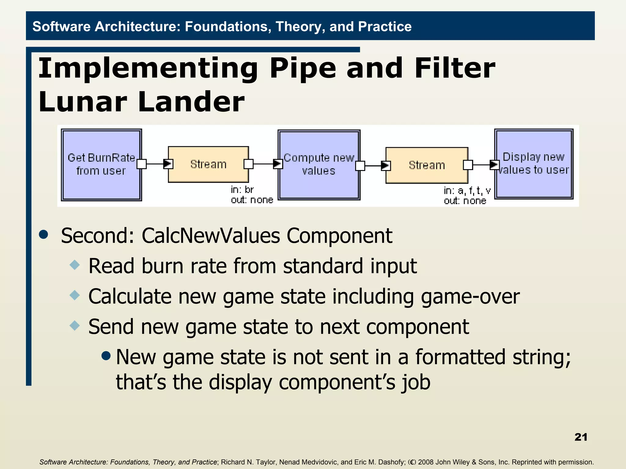 Implementing Pipe and Filter Lunar Lander Second: CalcNewValues Component Read burn rate from standard input Calculate new game state including game-over Send new game state to next component New game state is not sent in a formatted string; that’s the display component’s job Software Architecture: Foundations, Theory, and Practice ; Richard N. Taylor, Nenad Medvidovic, and Eric M. Dashofy;  (C)  2008 John Wiley & Sons, Inc. Reprinted with permission.   