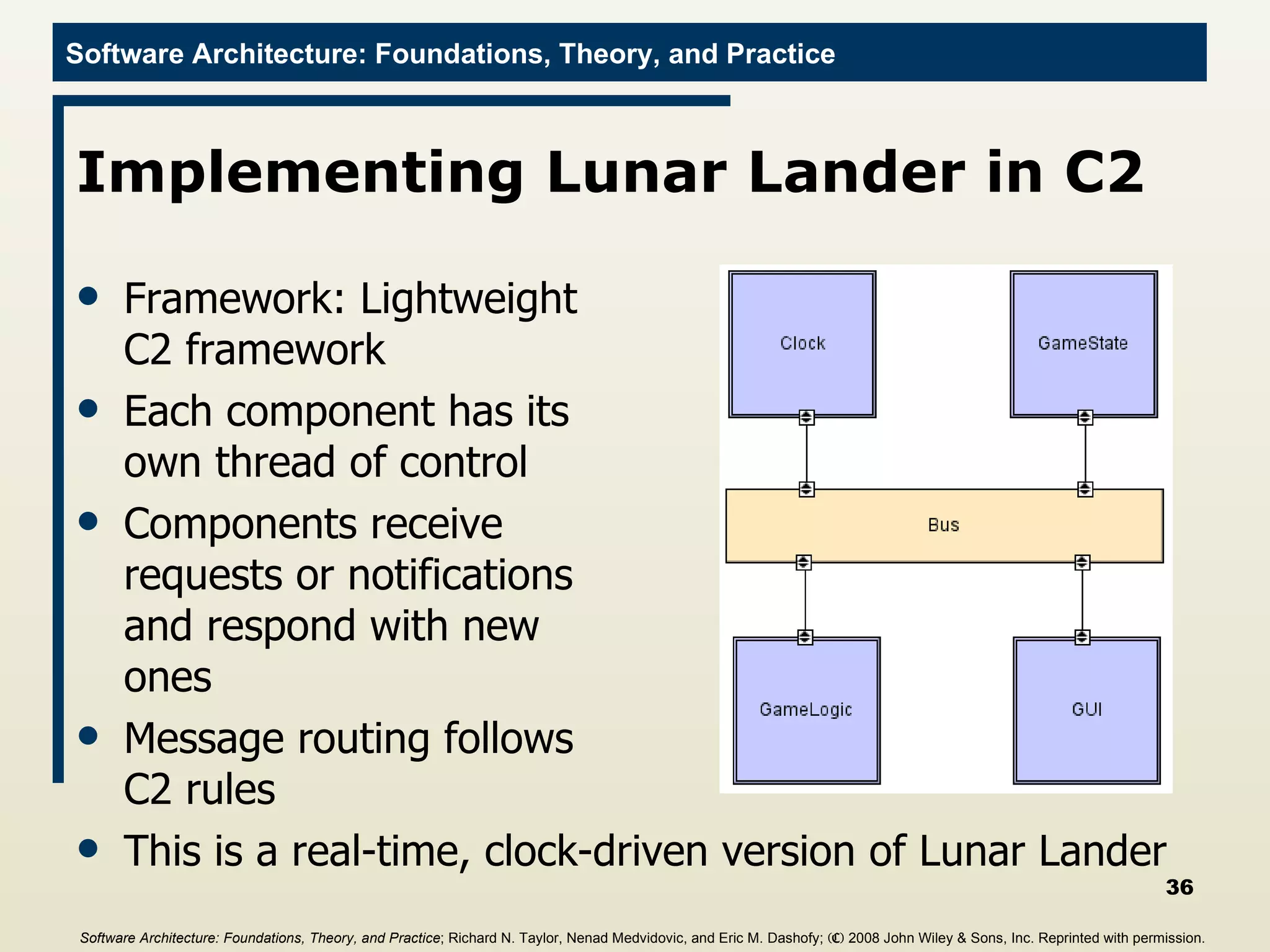 Implementing Lunar Lander in C2 Framework: Lightweight C2 framework Each component has its own thread of control Components receive requests or notifications and respond with new ones Message routing follows C2 rules This is a real-time, clock-driven version of Lunar Lander Software Architecture: Foundations, Theory, and Practice ; Richard N. Taylor, Nenad Medvidovic, and Eric M. Dashofy;  (C)  2008 John Wiley & Sons, Inc. Reprinted with permission.   