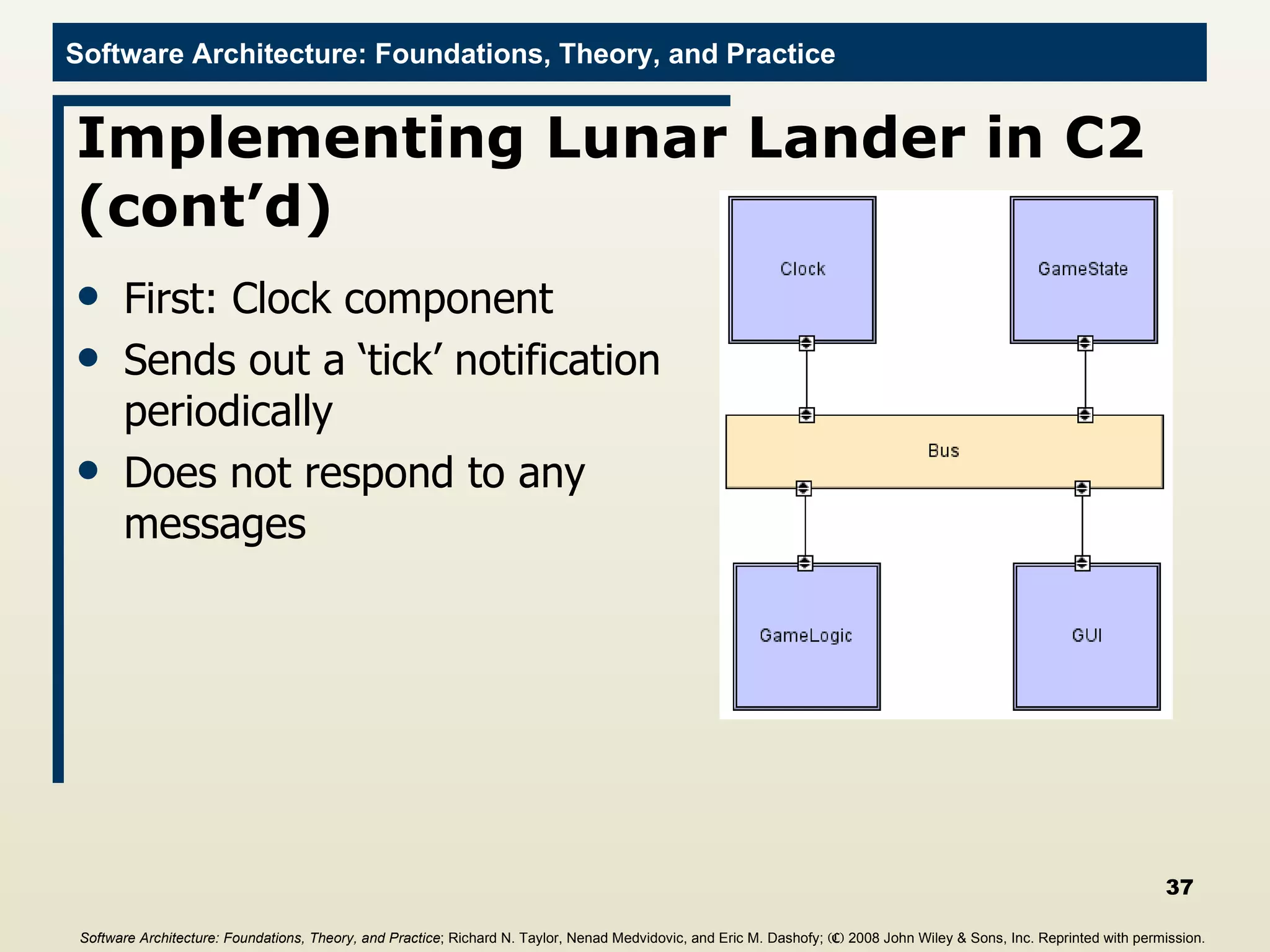 Implementing Lunar Lander in C2 (cont’d) First: Clock component Sends out a ‘tick’ notification periodically Does not respond to any messages Software Architecture: Foundations, Theory, and Practice ; Richard N. Taylor, Nenad Medvidovic, and Eric M. Dashofy;  (C)  2008 John Wiley & Sons, Inc. Reprinted with permission.   