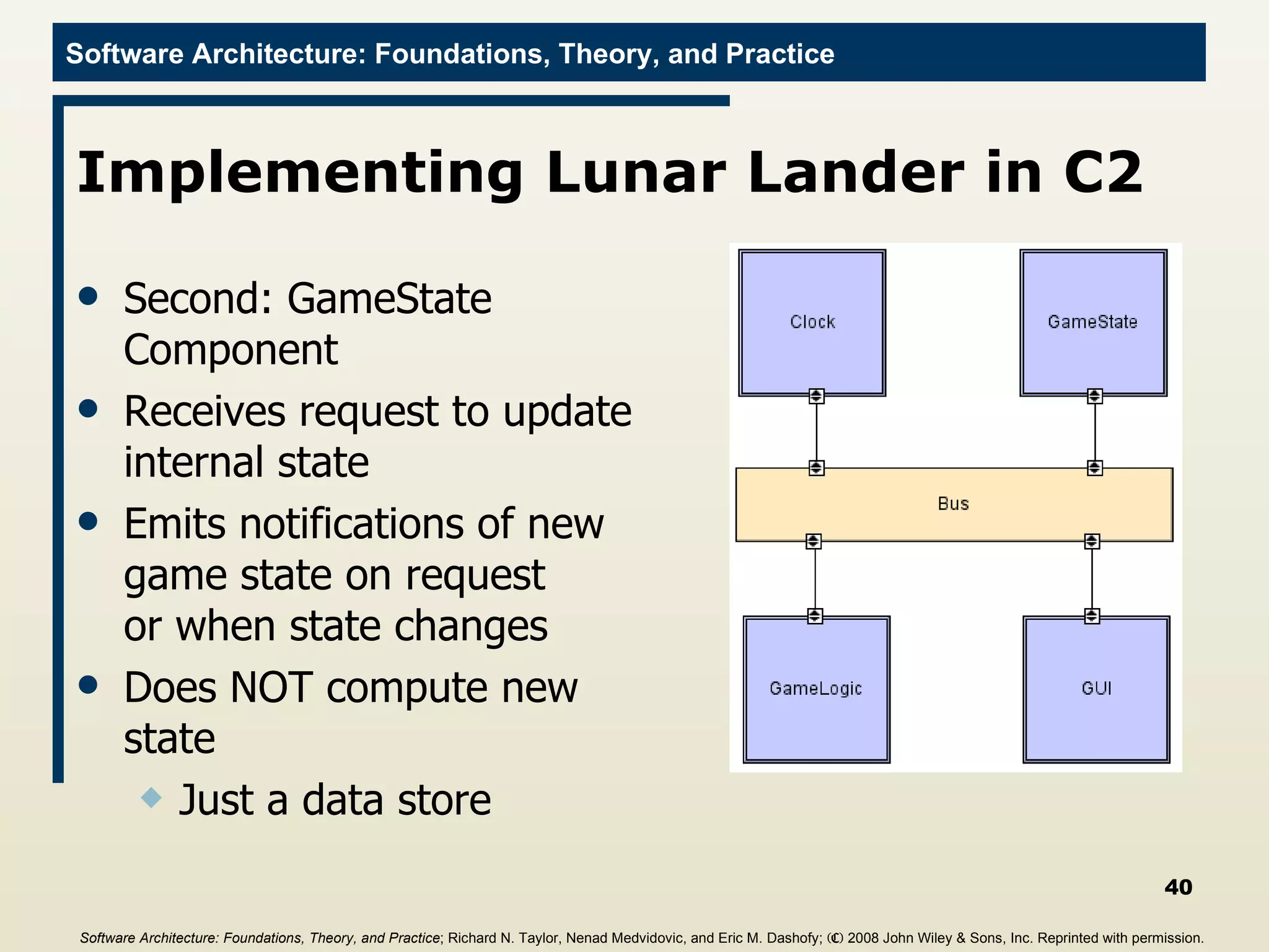 Implementing Lunar Lander in C2 Second: GameState Component Receives request to update internal state Emits notifications of new game state on request or when state changes Does NOT compute new state Just a data store Software Architecture: Foundations, Theory, and Practice ; Richard N. Taylor, Nenad Medvidovic, and Eric M. Dashofy;  (C)  2008 John Wiley & Sons, Inc. Reprinted with permission.   
