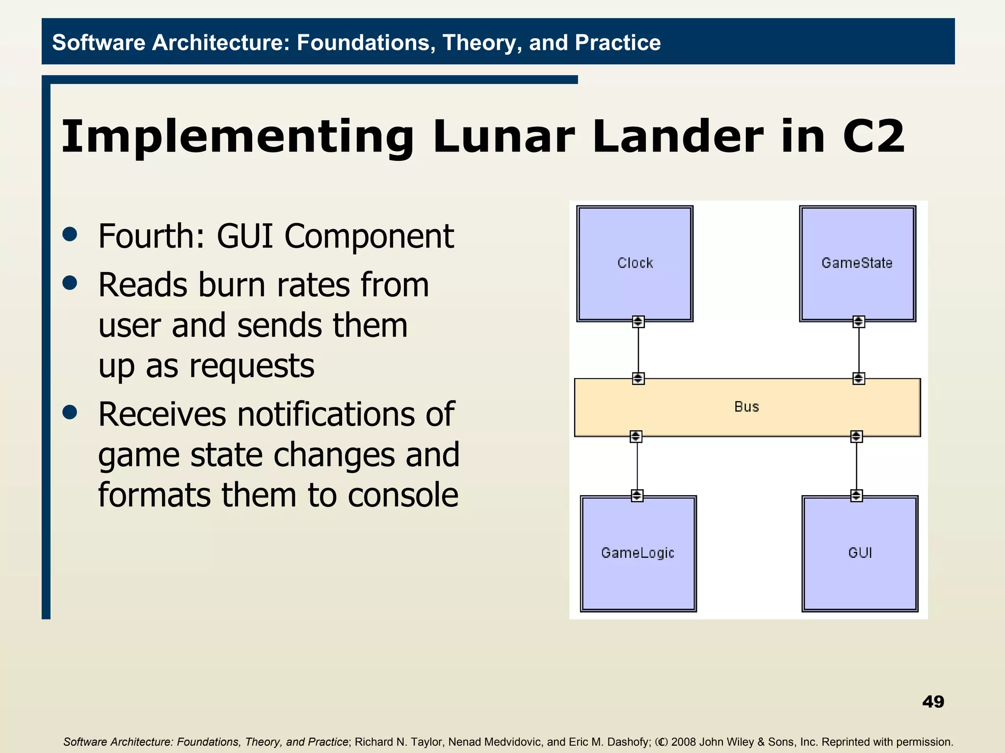 Implementing Lunar Lander in C2 Fourth: GUI Component Reads burn rates from user and sends them up as requests Receives notifications of game state changes and formats them to console Software Architecture: Foundations, Theory, and Practice ; Richard N. Taylor, Nenad Medvidovic, and Eric M. Dashofy;  (C)  2008 John Wiley & Sons, Inc. Reprinted with permission.   