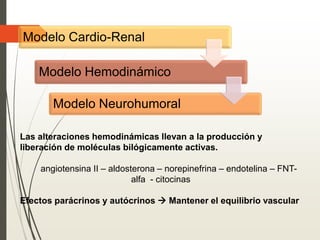 Modelo Cardio-Renal
Modelo Hemodinámico
Modelo Neurohumoral
Las alteraciones hemodinámicas llevan a la producción y
liberación de moléculas bilógicamente activas.
angiotensina II – aldosterona – norepinefrina – endotelina – FNT-
alfa - citocinas
Efectos parácrinos y autócrinos  Mantener el equilibrio vascular
 