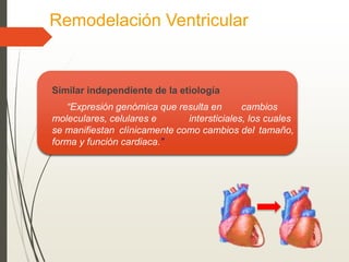 Remodelación Ventricular
Similar independiente de la etiología
“Expresión genómica que resulta en cambios
moleculares, celulares e intersticiales, los cuales
se manifiestan clínicamente como cambios del tamaño,
forma y función cardiaca.”
 