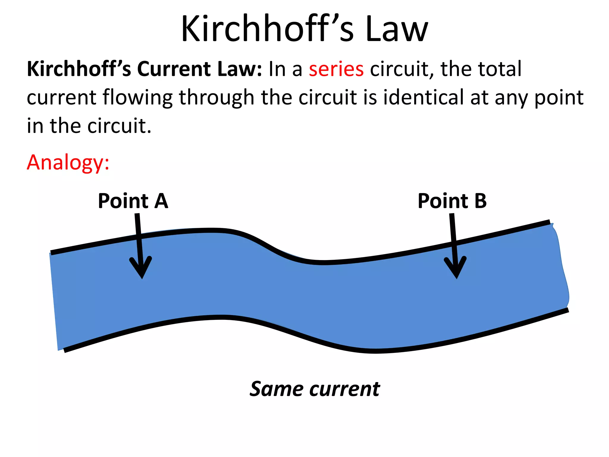 Kirchhoff’s Law
Kirchhoff’s Current Law: In a series circuit, the total
current flowing through the circuit is identical at any point
in the circuit.
Analogy:
       Point A                            Point B




                        Same current
 