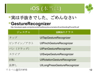 実は手抜きでした、ごめんなさい
 GestureRecognizer
  http://developer.apple.com/jp/devcenter/ios/library/documentation/EventHandlingiPhoneOS.pdf


         ジェスチャ                                                UIKitのクラス

 タップ                                    UITapGestureRecognizer

 ピンチイン／アウト                              UIPinchGestureRecognizer

 パン（ドラッグ）                               UIPanGestureRecognizer

 スワイプ                                   UISwipeGestureRecognizer

 回転                                     UIRotationGestureRecognizer

 長押し                                    UILongPressGestureRecognizer
すまべん@関西#16                                                                                      12
 
