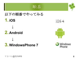 以下の順番でやってみる
1. iOS
    ↓
2. Android
    ↓
3. WindowsPhone 7

すまべん@関西#16          8
 