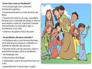 Como Jesus usou as Parábolas?
+ Fez comparação com a vida dos
camponeses galileus.
+ O ponto principal é a vinda do Reino de
Deus.
+ Dinamismo interno, ou seja, a parabola
foi feita com a intenção de atingir o interno
para depois o externo. A pessoa é tocada
internamente e é chamada a agir, a
transformar a sua vida.
+ Colocou situações críticas do povo.
- As parábolas são para entender?
+ A Parábola não é uma fórmula fechada,
ela é aberta para provocar a reflexão e a
tomada de atitudes das pessoas.
+ Quanto maior a fé das pessoas, maior o
entendimento dela sobre as parábolas.
- As Parábolas são:
+instrumentos de diálogo
+ elaboradas a partir da experiência do dia
a dia.
+ pretende levar à conversão e à ação.
 