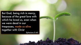 But God, being rich in mercy,
because of the great love with
which he loved us, even when
we were dead in our
trespasses, made us alive
together with Christ
Ephesians 2:4-5
But God, being rich in mercy,
because of the great love with
which he loved us, even when
we were dead in our
trespasses, made us alive
together with Christ
Ephesians 2:4-5
 