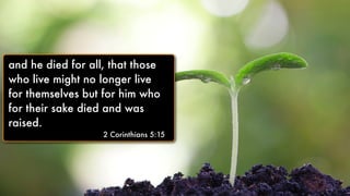 and he died for all, that those
who live might no longer live
for themselves but for him who
for their sake died and was
raised.
2 Corinthians 5:15
and he died for all, that those
who live might no longer live
for themselves but for him who
for their sake died and was
raised.
2 Corinthians 5:15
 