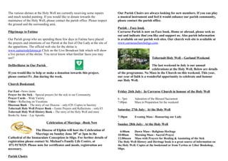 The various shrines at the Holy Well are currently receiving some repairs
and much needed painting. If you would like to donate towards the
maintaince of the Holy Well, please contact the parish office. Please respect
the ground and the surrounding area.
Pilgrimage to Fatima
Our Parish group who are spending these few days in Fatima have placed
the prayers and intentions of our Parish at the foot of Our Lady at the site of
the apparitions. The official web site for the shrine is
www.santuriodefatima.pt Click on the Live Broadcast link which will show
a live picture of the shrine. You never know what familiar faces you may
see!!
Defibrillator in Our Parish
If you would like to help or make a donation towards this project,
please contact Fr. Jim during the week.
Church Bookstand
Far East –News items
Prayer for the Sick – Special prayers for the sick in our Community.
Prayer Cards – Wide Variety
Video – Reflecting on Vocations
Diocesan Book – The story of our Diocese – only €20. Copies in Sacristy
Tobernalt Holy Well Prayer Book – Easter Prayers and Reflections – only €5
Tobernalt Holy Well History Book – The story of the Holy Well and more
Books by Anna – Lay Apostle.
Celebration of Marriage –Book Now
The Diocese of Elphin will host the Celebration of
Marriage on Sunday June 30th
at 3pm in the
Cathedral of the Immaculate Conception in Sligo. For further details of
registration please contact St. Michael’s Family Life Centre, at
071-9170329. Please note for certificates and meals, registration are
necessary.
Parish Choirs
Our Parish Choirs are always looking for new members. If you can play
a musical instrument and feel it would enhance our parish community,
please contact the parish office.
Parish – Face book
Carraroe Parish is now on Face book. Home or abroad, please seek us
out and indicate that you like and support us. Also parish information
is available on our parish web sites. Our church web site is available at
www.carraroechurchsligo.com.
Tobernalt Holy Well – Garland Weekend
The last weekend in July is our annual
celebrations at the Holy Well. Below are details
of the programme. No Mass in the Church on this weekend. This year,
our year of faith is a wonderful opportunity to celebrate and honour
our Holy Well.
Friday 26th July: In Carraroe Church in honour of the Holy Well
6 - 7pm Adoration of the Blessed Sacrament
7:00pm Mass in Preparation for the weekend
Saturday 27th July: At the Holy Well
7:30pm Evening Mass - Honouring our Lady
Sunday 28th July: At the Holy Well
6:00am Dawn Mass - Religious Heritage
10:00am Morning Mass - Sacred Prayer
12:00noon Mass with Prayers for Healing & Anointing of the Sick
The Holy Well History and Heritage book is a great source of information on
the Holy Well. Copies at the bookstand or from Veritas or Liber Bookshop,
Sligo.
 