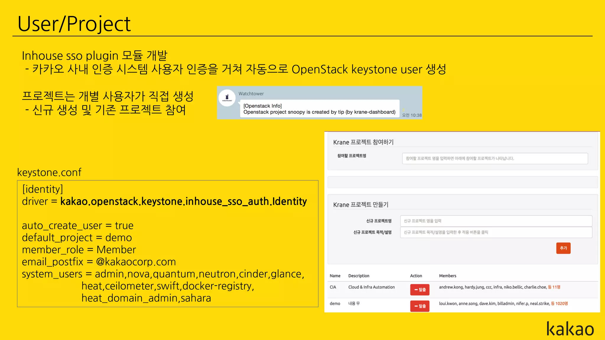 User/Project
Inhouse sso plugin 모듈 개발
- 카카오 사내 인증 시스템 사용자 인증을 거쳐 자동으로 OpenStack keystone user 생성
프로젝트는 개별 사용자가 직접 생성
- 신규 생성 및 기존 프로젝트 참여
[identity]
driver = kakao.openstack.keystone.inhouse_sso_auth.Identity
auto_create_user = true
default_project = demo
member_role = Member
email_postfix = @kakaocorp.com
system_users = admin,nova,quantum,neutron,cinder,glance,
heat,ceilometer,swift,docker-registry,
heat_domain_admin,sahara
keystone.conf
 