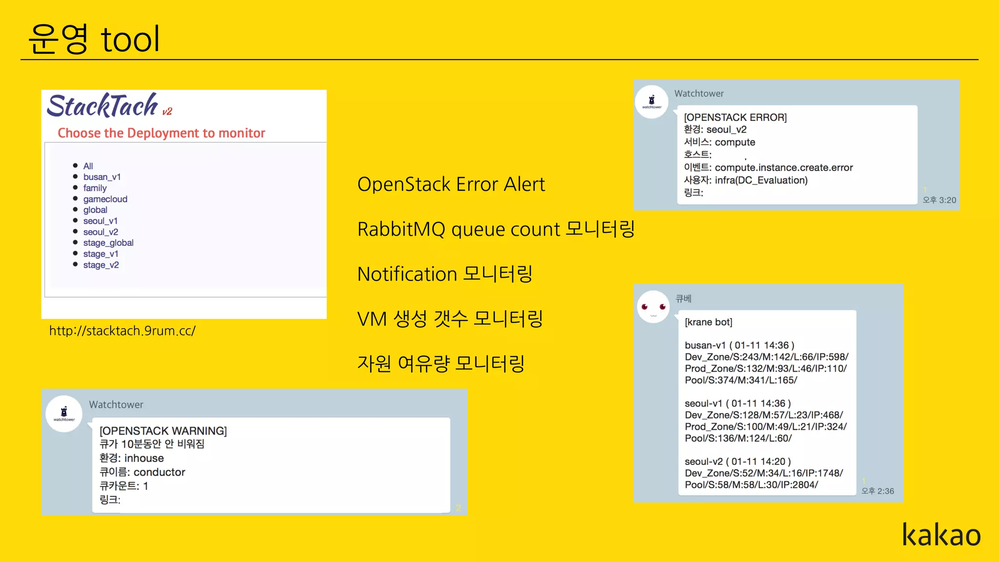 운영 tool
http://stacktach.9rum.cc/
OpenStack Error Alert
RabbitMQ queue count 모니터링
Notification 모니터링
VM 생성 갯수 모니터링
자원 여유량 모니터링
 