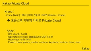 Kakao Private Cloud
 오픈스택 기반의 카카오 Private Cloud
Krane :
Crane [krein] : 명사 [기계] 기중기, 크레인 (Kakao + Crane)
Spec :
OS: ubuntu 14.04
OpenStack version: stable/juno (2014.2.4)
Hypervisor: only KVM
Project: nova, glance, cinder, neutron, keystone, horizon, trove, heat
 