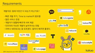 Requirements
개발자曰: 원래 이런건 다 되는거 아닌가요?
- 빠른 개발 주기, Time to market이 중요함
- 많은 서비스 런칭
- 개발자가 원할때 빠르게 서버 제공
- 인프라의 이슈로 개발이 늦어져서는 안됨
- 서버나 네트워크는 잘 모르겠다. 알아서 해주면 좋겠다.
출처) kakaocorp.com 서비스 등록 기준
 