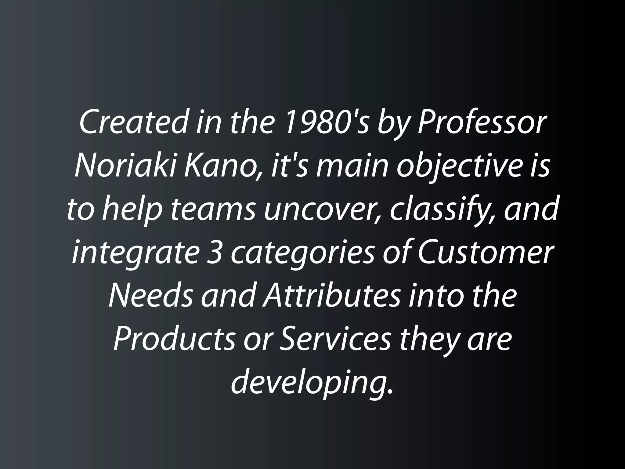 Created in the 1980's by Professor
 Noriaki Kano, it's main objective is
to help teams uncover, classify, and
 integrate 3 categories of Customer
    Needs and Attributes into the
    Products or Services they are
             developing. 
 