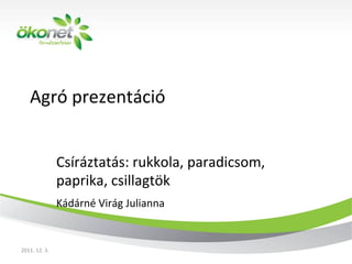 Agró prezentáció
Csíráztatás: rukkola, paradicsom,
paprika, csillagtök
Kádárné Virág Julianna
2011. 12. 3.
 