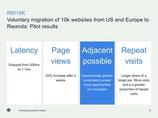 RW10K
Voluntary migration of 10k websites from US and Europe to
Rwanda: Pilot results
Latency
Dropped from 300ms
to < 1ms
Page
views
20% increase after 2
weeks
Adjacent
possible
Exponentially greater
combinatory power:
more opportunities
for innovation
Repeat
visits
Larger share of a
larger pie: More visits
and a a greater
proportion of repeat
visits
Promoting Content in Africa 12
 