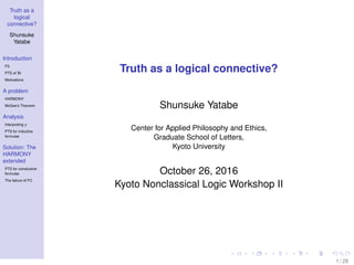 Truth as a
logical
connective?
Shunsuke
Yatabe
Introduction
FS
PTS of Tr
Motivations
A problem
HARMONY
McGee’s Theorem
Analysis
Interpreting γ
PTS for inductive
formulae
Solution: The
HARMONY
extended
PTS for coinductive
formulae
The failure of FC
Truth as a logical connective?
Shunsuke Yatabe
Center for Applied Philosophy and Ethics,
Graduate School of Letters,
Kyoto University
October 26, 2016
Kyoto Nonclassical Logic Workshop II
1 / 28
 