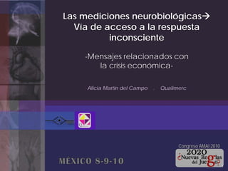 Las mediciones neurobiológicas
Vía de acceso a la respuesta
inconsciente
-Mensajes relacionados con
la crisis económica-
Alicia Martin del Campo . Qualimerc
Congreso AMAI 2010
1
 