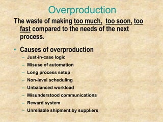 Overproduction
The waste of making too much, too soon, too
fast compared to the needs of the next
process.
• Causes of overproduction
– Just-in-case logic
– Misuse of automation
– Long process setup
– Non-level scheduling
– Unbalanced workload
– Misunderstood communications
– Reward system
– Unreliable shipment by suppliers
 