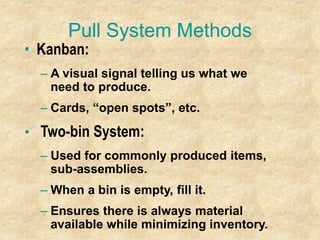 Pull System Methods
• Kanban:
– A visual signal telling us what we
need to produce.
– Cards, “open spots”, etc.
• Two-bin System:
– Used for commonly produced items,
sub-assemblies.
– When a bin is empty, fill it.
– Ensures there is always material
available while minimizing inventory.
 