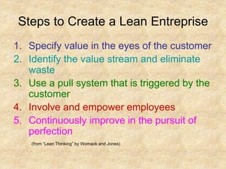 Steps to Create a Lean Entreprise
1. Specify value in the eyes of the customer
2. Identify the value stream and eliminate
waste
3. Use a pull system that is triggered by the
customer
4. Involve and empower employees
5. Continuously improve in the pursuit of
perfection
(from “Lean Thinking” by Womack and Jones)
 