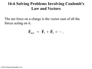 The net force on a charge is the vector sum of all the
forces acting on it.
16-6 Solving Problems Involving Coulomb’s
Law and Vectors
© 2014 Pearson Education, Inc.
 