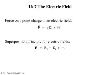 16-7 The Electric Field
Force on a point charge in an electric field:
Superposition principle for electric fields:
© 2014 Pearson Education, Inc.
(16-5)
 