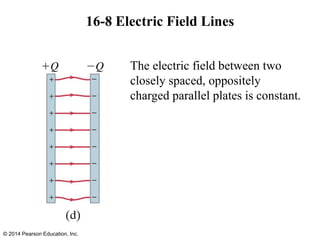 16-8 Electric Field Lines
The electric field between two
closely spaced, oppositely
charged parallel plates is constant.
© 2014 Pearson Education, Inc.
 
