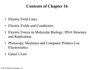 Contents of Chapter 16
• Electric Field Lines
• Electric Fields and Conductors
• Electric Forces in Molecular Biology: DNA Structure
and Replication
• Photocopy Machines and Computer Printers Use
Electrostatics
• Gauss’s Law
© 2014 Pearson Education, Inc.
 