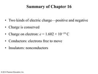 Summary of Chapter 16
• Two kinds of electric charge—positive and negative
• Charge is conserved
• Charge on electron: e = 1.602 × 10−19 C
• Conductors: electrons free to move
• Insulators: nonconductors
© 2014 Pearson Education, Inc.
 