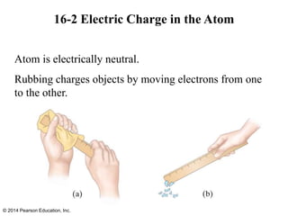 16-2 Electric Charge in the Atom
Atom is electrically neutral.
Rubbing charges objects by moving electrons from one
to the other.
© 2014 Pearson Education, Inc.
 