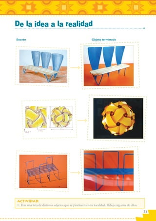 De la idea a la realidad

Boceto                                                    Objeto terminado




1. Haz una lista de distintos objetos que se producen en tu localidad. Dibuja algunos de ellos.
                                                                                                  31
 