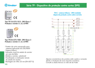 Série 7P - Dispositivo de proteção contra surtos (DPS)
TN-C - sistema trifásico - DPS instalado
depois da proteção contra sobre corrente

Tipo 7P.13.8.275.1012 - DPS Classe 1
Proteção a varistor L1, L2, L3-PEN

Tipo 7P.23.8.275.1020 - DPS Classe 2
Proteção a varistor L1, L2, L3-PEN
- Protetor de surtos apropriado para
sistemas/aplicações de 230/400V
- Sistema trifásico
- Indicação visual do estado do varistor
em caso de falha
- Módulo a varistor, substituível
- Visualização e sinalização remota
do estado do varistor
- Montagem em trilho 35 mm (EN 60715)
102

Algumas características dos produtos estão sujeitas a variações
devido a introdução de novos requisitos normativos.
Consulte os dados técnicos no web site da Finder.

 