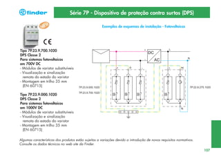 Série 7P - Dispositivo de proteção contra surtos (DPS)
Exemplos de esquemas de instalação - Fotovoltaicos

Tipo 7P.23.9.700.1020
DPS Classe 2
Para sistemas fotovoltaicos
em 700V DC
- Módulos de varistor substituíveis
- Visualização e sinalização
remota do estado do varistor
- Montagem em trilho 35 mm
(EN 60715)
Tipo 7P.23.9.000.1020
DPS Classe 2
Para sistemas fotovoltaicos
em 1000V DC
- Módulos de varistor substituíveis
- Visualização e sinalização
remota do estado do varistor
- Montagem em trilho 35 mm
(EN 60715)
Algumas características dos produtos estão sujeitas a variações devido a introdução de novos requisitos normativos.
Consulte os dados técnicos no web site da Finder.
107

 