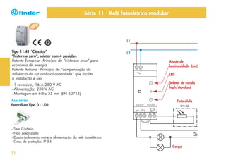 Série 11 - Relé fotoelétrico modular

L1

Tipo 11.41 “Clássico”
“histerese zero”, seletor com 4 posições
Patente Europeia - Princípio de “histerese zero” para
economia de energia
Patente Italiana - Princípio de “compensação da
influência da luz artificial controlada” que facilita
a instalação e uso
- 1 reversível, 16 A 250 V AC
- Alimentação: 230 V AC
- Montagem em trilho 35 mm (EN 60715)
Acessórios
Fotocélula Tipo 011.02

-

L2
Ajuste de
luminosidade (Lux)
LED
Seletor de escala
high/standard

Fotocélula

Sem Cádmio
Não polarizada
Duplo isolamento entre a alimentação do relé fotoelétrico
Grau de proteção: IP 54
Carga

22

 