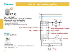 Série 11 - Relé fotoelétrico modular

L1

Tipo 11.42 “Duplo”
2 saídas independentes, 2 ajustes de sensibilidade
independentes, seletor com 4 posições
- 1 reversível + 1 NA, 12 A 250 V AC
- Alimentação: 230 V AC
- Montagem em trilho 35 mm (EN 60715)

L2
Carga
A1 A2

21

24

Ajuste de luminosidade (1° contato)

Ajuste de luminosidade (2° contato)

LED (1° contato)

LED (2° contato)
Seletor de escala high/standard

Acessórios
Fotocélula Tipo 011.02

011.02
14

-

11

12

B1 B2

Fotocélula

Sem Cádmio
Não polarizada
Duplo isolamento entre a alimentação do relé fotoelétrico
Grau de proteção: IP 54
Carga

24

 