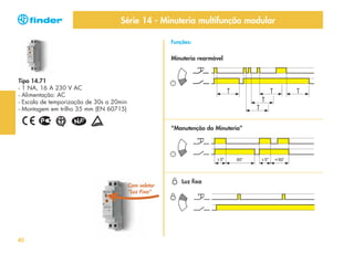 Série 14 - Minuteria multifunção modular
Funções:

Minuteria rearmável

Tipo 14.71
- 1 NA, 16 A 230 V AC
- Alimentação: AC
- Escala de temporização de 30s a 20min
- Montagem em trilho 35 mm (EN 60715)
“Manutenção da Minuteria”

Com seletor
"Luz Fixa"

40

Luz fixa

 