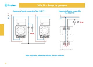 Série 18 - Sensor de presença
Esquema de ligação em paralelo Tipo 18.01/11
L1

Esquema de ligação em paralelo
Tipo 18.21/31
L1

L2

L2
Carga

Carga

Nota: respeitar a polaridade indicada por Fase e Neutro

56

 