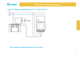 Série 18 - Sensor de presença
Esquema de ligação em paralelo Tipo 18.01/11 com Tipo 18.21/31
L1
L2

Carga

Nota: respeitar a polaridade indicada por Fase e Neutro

57

 