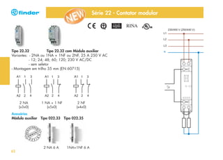 Série 22 - Contator modular

Tipo 22.32
Tipo 22.32 com Módulo auxiliar
Variantes: - 2NA ou 1NA + 1NF ou 2NF, 25 A 250 V AC
- 12; 24; 48; 60; 120; 230 V AC/DC
- sem seletor
- Montagem em trilho 35 mm (EN 60715)

2 NA
(x3x0)

1 NA + 1 NF
(x5x0)

2 NF
(x4x0)

Acessórios

Módulo auxiliar Tipo 022.33 Tipo 022.35

NI

TY
N

CO
D

62

ERED

U
MM

G

REG

I

ST

E S I

2 NA 6 A

1NA+1NF 6 A

 