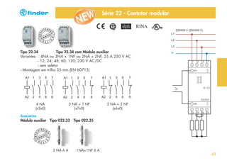Série 22 - Contator modular
ERED

CO
D

NI

TY
N

U
MM

G

REG

I

ST

E S I

Tipo 22.34
Tipo 22.34 com Módulo auxiliar
Variantes: - 4NA ou 3NA + 1NF ou 2NA + 2NF, 25 A 250 V AC
- 12; 24; 48; 60; 120; 230 V AC/DC
- sem seletor
- Montagem em trilho 35 mm (EN 60715)

4 NA
(x3x0)

3 NA + 1 NF
(x7x0)

2 NA + 2 NF
(x6x0)

Acessórios

Módulo auxiliar Tipo 022.33 Tipo 022.35
ERED

CO
D

NI

TY
N

U
MM

G

REG

I

ST

E S I

2 NA 6 A

1NA+1NF 6 A

63

 