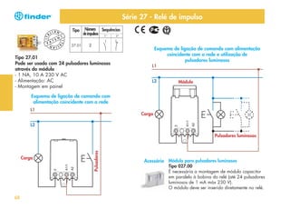 I TA

Série 27 - Relé de impulso
Tipo

LIAN
N
T E

I TA

P A

T

Número Sequências
de impulsos

27.01

LIAN

Tipo 27.01
Pode ser usado com 24 pulsadores luminosos
através do módulo
- 1 NA, 10 A 230 V AC
- Alimentação: AC
- Montagem em painel

Esquema de ligação de comando com alimentação
coincidente com a rede e utilização de
pulsadores luminosos
L1
L2

Módulo

Esquema de ligação de comando com
alimentação coincidente com a rede
L1

Carga

L2

Carga

68

Pulsadores

Pulsadores luminosos

Acessório Módulo para pulsadores luminosos
Tipo 027.00
É necessária a montagem de módulo capacitor
em paralelo à bobina do relé (até 24 pulsadores
luminosos de 1 mA máx 230 V).
O módulo deve ser inserido diretamente no relé.

 