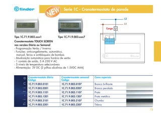 Serie 1C - Cronotermostato de parede
L2
L1
Carga

Tipo 1C.71.9.003.xxx1

Tipo 1C.71.9.003.xxx7

h i - l i n e

Cronotermostato TOUCH SCREEN
nas versões Diário ou Semanal
- Programação Verão / Inverno
- Funções: anticongelamento, automático,
manual, férias e antibloqueio de bombas
- Atualização automática para horário de verão
- 1 contato de saída, 5 A 230 V AC
- 3 níveis de temperatura selecionáveis
- Alimentação: 3V DC (2 pilhas alcalinas de 1.5VDC AAA)

Cronotermostato diário
Código

Cronotermostato semanal
Código

Cores especiais

1C.71.9.003.0101

1C.71.9.003.0107

Branco brilhante

1C.71.9.003.0201

1C.71.9.003.0207

Branco perolado

1C.71.9.003.1101

1C.71.9.003.1107

Prata

1C.71.9.003.1201

1C.71.9.003.1207

Prata metálico

1C.71.9.003.2101

1C.71.9.003.2107

Chumbo

1C.71.9.003.2201

1C.71.9.003.2207

Titânio
73

 