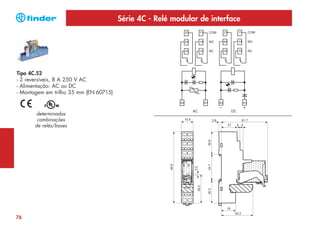 Série 4C - Relé modular de interface

Tipo 4C.52
- 2 reversíveis, 8 A 250 V AC
- Alimentação: AC ou DC
- Montagem em trilho 35 mm (EN 60715)

determinadas
combinações
de relés/bases

15.8

3.6
21

6 COM

3

11

24

5

NO

4

14

22

7

NC

2

12

A2

1 COIL

34.7
30.3

38.3

3.2

95.6

30.6

21

61.7
4 4

8 A1

19

76

42.2

 