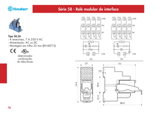 Série 58 - Relé modular de interface

Tipo 58.34
- 4 reversíveis, 7 A 250 V AC
- Alimentação: AC ou DC
- Montagem em trilho 35 mm (EN 60715)

determinadas
combinações
de relés/bases

78

 