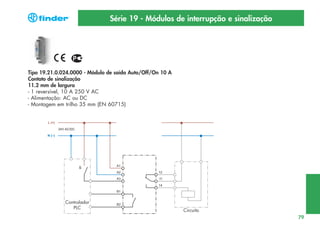 Série 19 - Módulos de interrupção e sinalização

Tipo 19.21.0.024.0000 - Módulo de saída Auto/Off/On 10 A
Contato de sinalização
11.2 mm de largura
- 1 reversível, 10 A 250 V AC
- Alimentação: AC ou DC
- Montagem em trilho 35 mm (EN 60715)

Controlador
PLC

Circuito

79

 