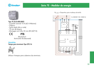 Série 7E - Medidor de energia
RT1,T2 = Dispositivo para mudança de tarifa
3 x 230/400 V AC / 50/60 Hz

Tipo 7E.36.8.400.0002
- Corrente nominal 10 A (65 A Máximo)
- Trifásico
- Tarifa dupla (dia e noite)
- 70 mm de largura
- Montagem em trilho 35 mm (EN 60715)

PTB
(Physikalisch Technischen Bundesanstalt)

Acessórios
Tampa para terminais Tipo 07E.16

Utilizar 4 tampas para cobertura dos terminais.

93

 