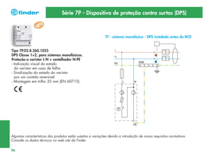 Série 7P - Dispositivo de proteção contra surtos (DPS)

TT - sistema monofásico - DPS instalado antes do RCD

Tipo 7P.02.8.260.1025
DPS Classe 1+2, para sistemas monofásicos.
Proteção a varistor L-N + centelhador N-PE
- Indicação visual do estado
do varistor em caso de falha
- Sinalização do estado do varistor
por um contato reversível
- Montagem em trilho 35 mm (EN 60715)

Algumas características dos produtos estão sujeitas a variações devido a introdução de novos requisitos normativos.
Consulte os dados técnicos no web site da Finder.
96

 