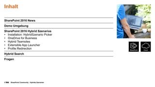 © SharePoint Community - Hybride Szenarien
Inhalt
SharePoint 2016 News
Demo Umgebung
SharePoint 2016 Hybrid Szenarios
• Installation: HybridSzenario Picker
• OneDrive for Business
• Hybrid Teamsites
• Extensible App Launcher
• Profile Redirection
Hybrid Search
Fragen
 